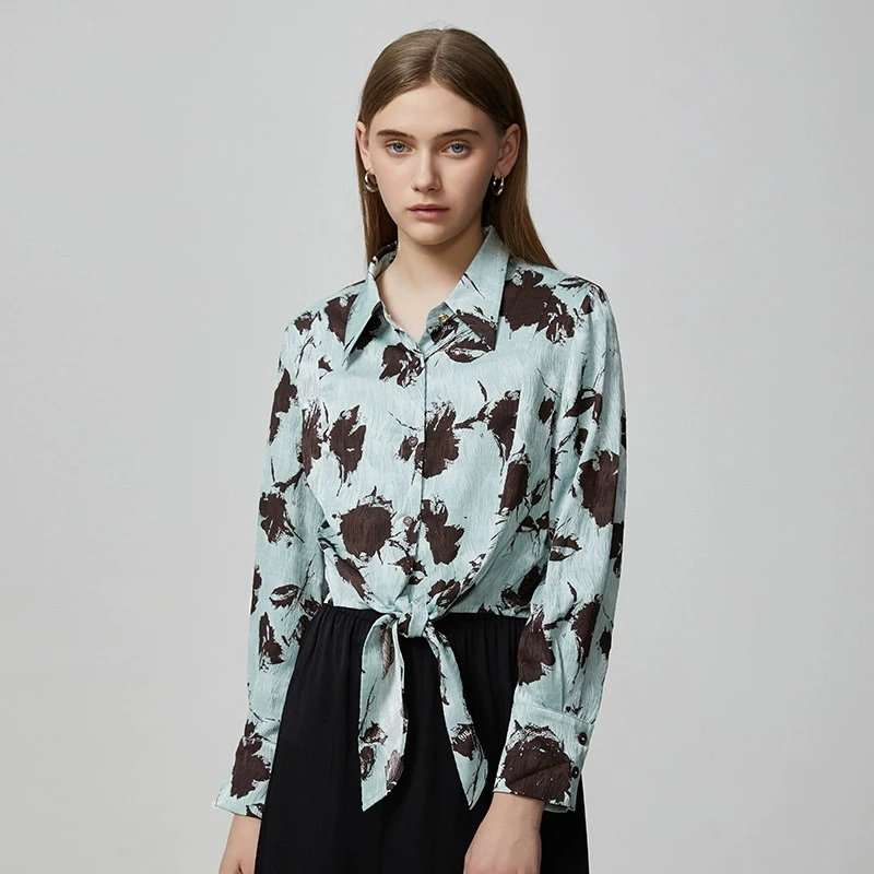 【TA】蓝底咖花系带polo领衬衫2025春季新款撤柜女装