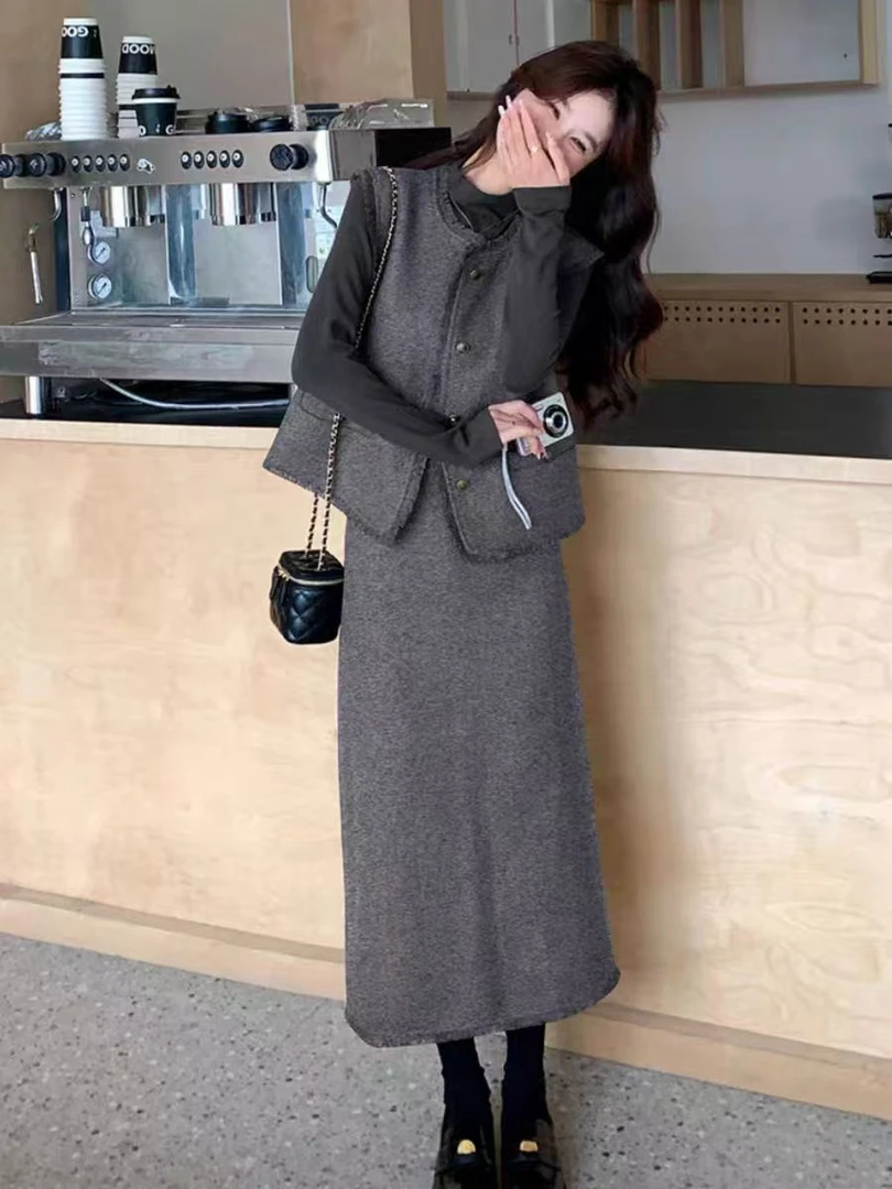 9910#小香风金属扣套装裙女秋气质名媛高腰显瘦半身裙马甲三件套