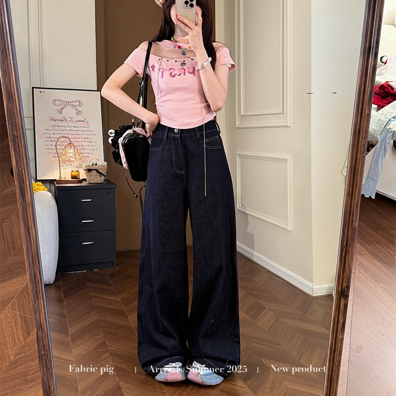 甜酷预警 织物猪原创 粉色字母印花一字肩上衣女夏季高腰牛仔短裤