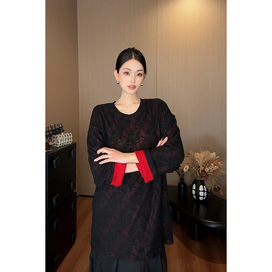 紫紫 纸鸢 反常规基础蕾丝肌理撞色袖口锁温长袖上衣 ZC12SZHJ496