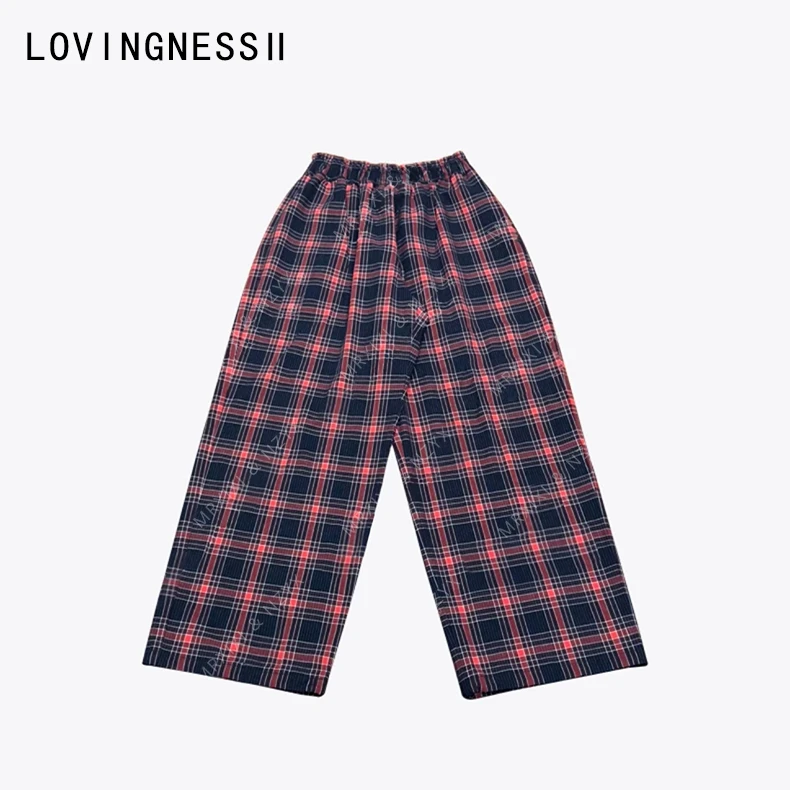 2025夏季新款小众设计复古撞色格纹宽松显瘦松紧腰阔腿裤长裤女