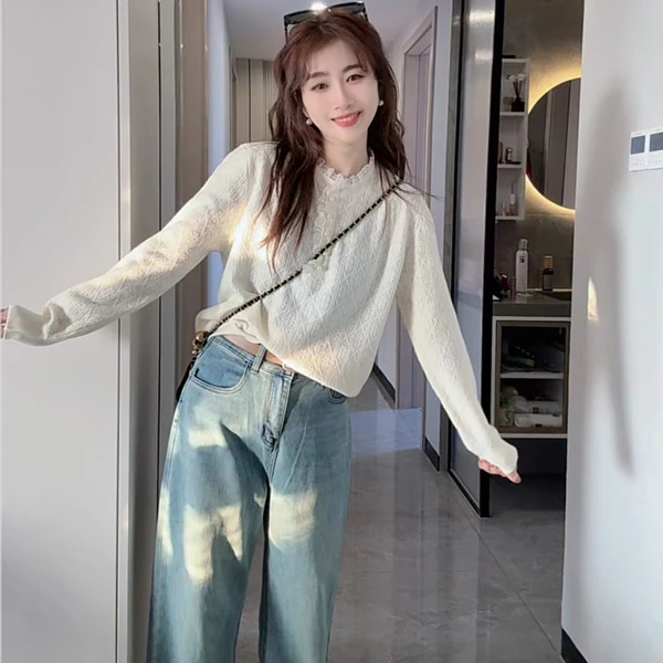 小香风蕾丝花边薄款针织衫女春装2025春秋新品独特别致打底衫