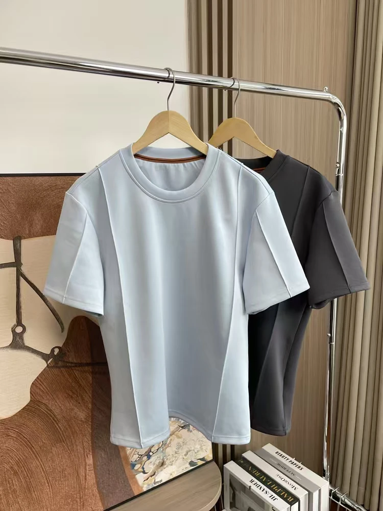 立体线条简约时尚休闲夏季韩版短袖男士潮流宽松圆领纯色T恤 2528