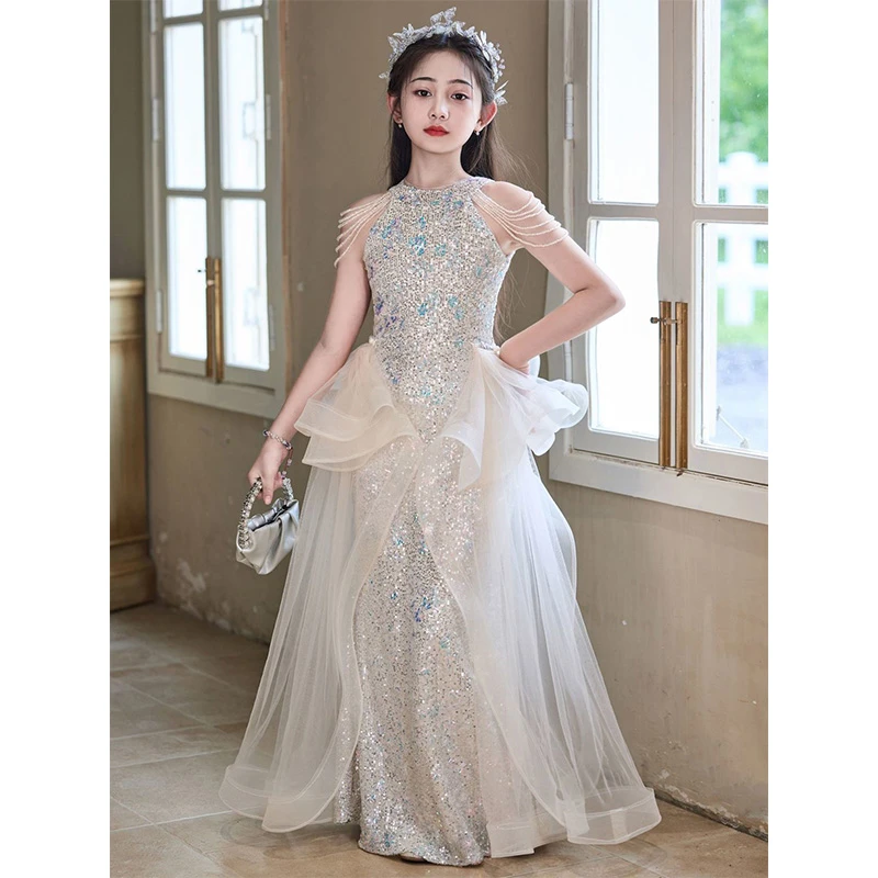 儿童走秀礼服高级感2025新款亮片鱼尾女童生日公主裙绝美主持演出