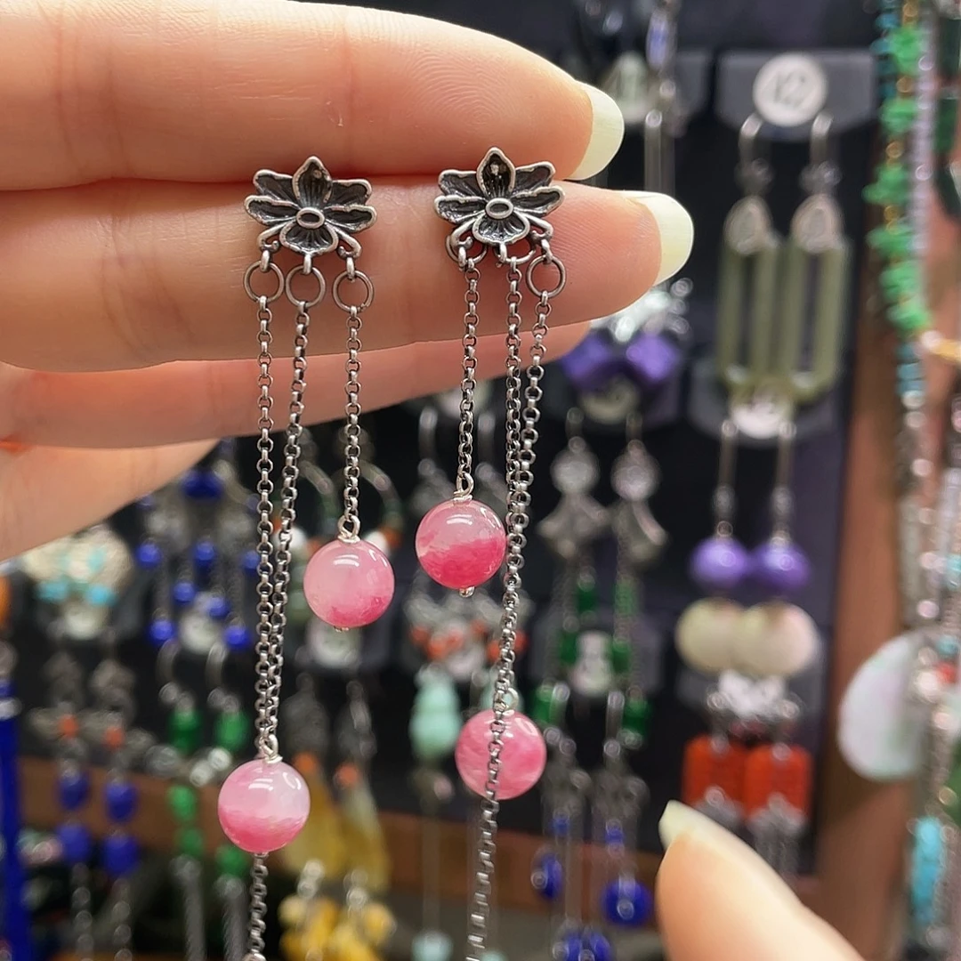 蔷薇辉石银S925镶嵌耳钉877hjhh