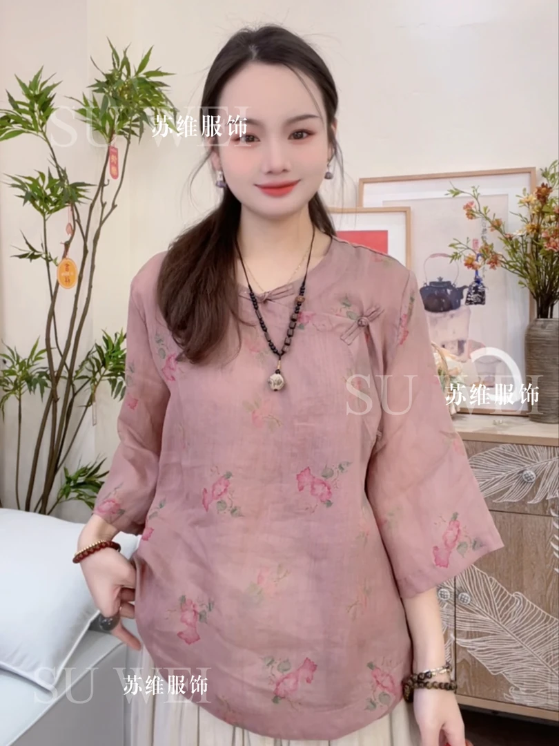 8069薄款苎麻刺绣绣花衬衫提花圆领新中式网红上衣时尚女装斜襟