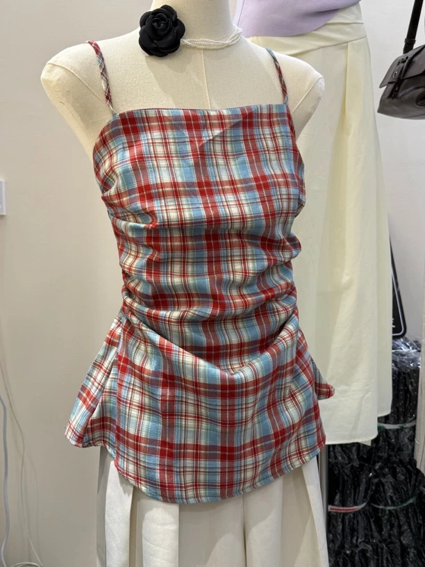 宽松型修身型百搭少女风吊带背心格子无袖复古挂脖显瘦外穿