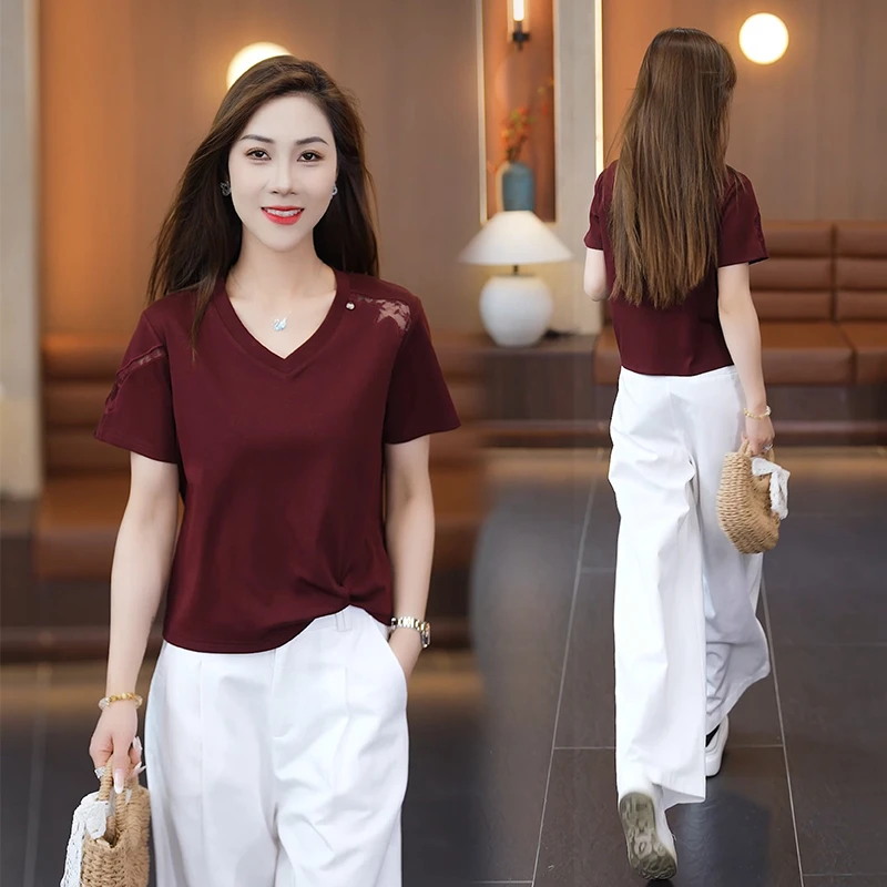 夏季2025新款时尚v领气质镂空短袖上衣百搭显瘦气质修身小衫-9518