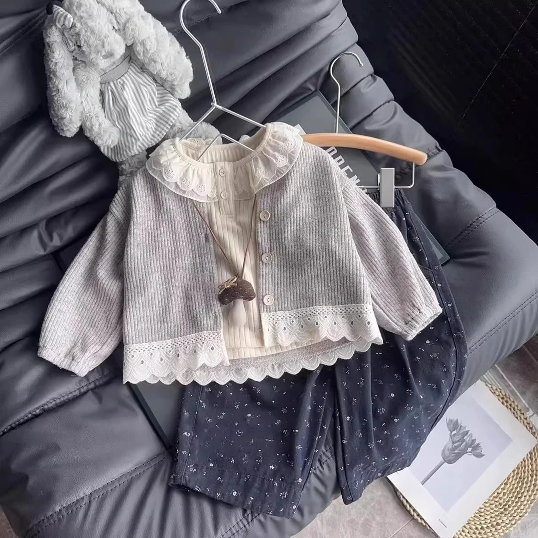 韩国女童套装新款女宝森系拼接洋气花边开衫阔腿裤三件套小童韩版