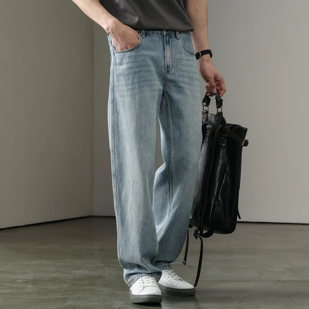 惊浪舒适莱赛尔牛仔裤男秋季新款美式高街潮流百搭宽松直筒裤3635