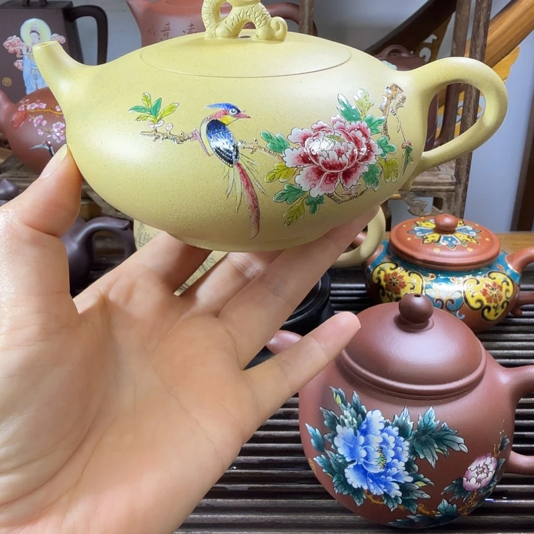 茶杯紫砂本绿手绘牡丹花鸟