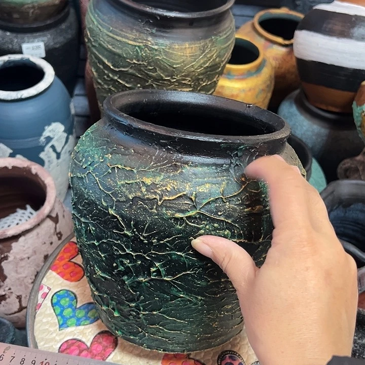 微瑕带孔绿金坛子高20口14