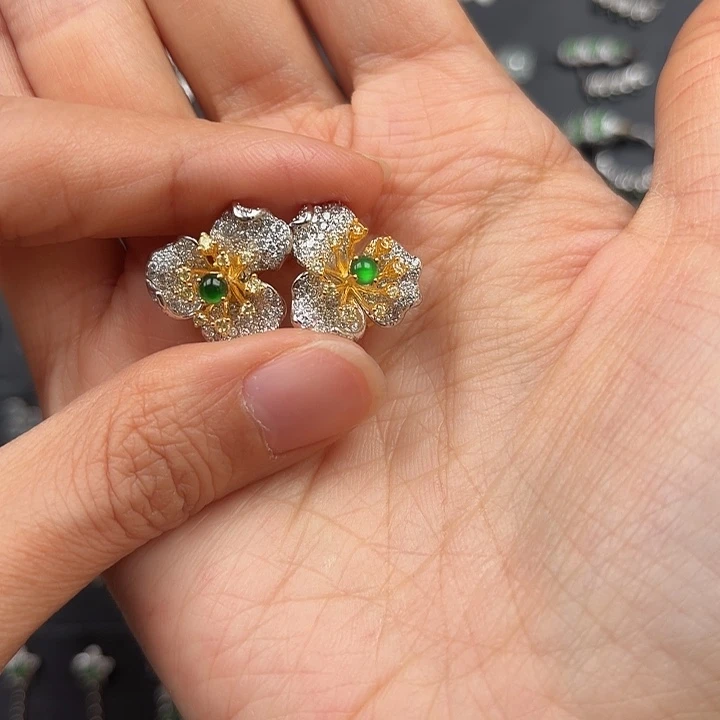 猫***长翡翠银S925镶嵌耳饰