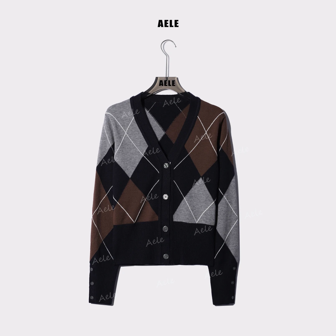AELE设计感法式V领拼色菱格纹线条时尚百搭显瘦开衫 X853 2772 AD