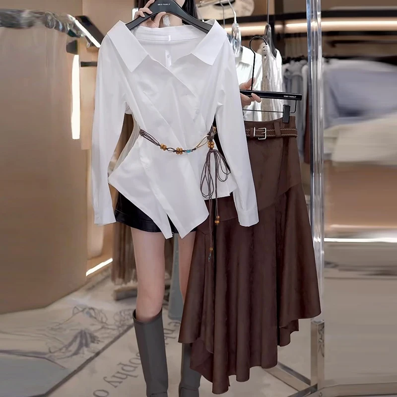 韩系一字领纯色不规则衬衫早秋气质显瘦衬衣女半身裙时尚套装