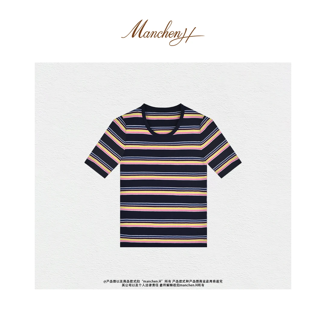 Manchenh"时髦日常"P原厂纱系列3股100支匹马棉四平针条纹短袖