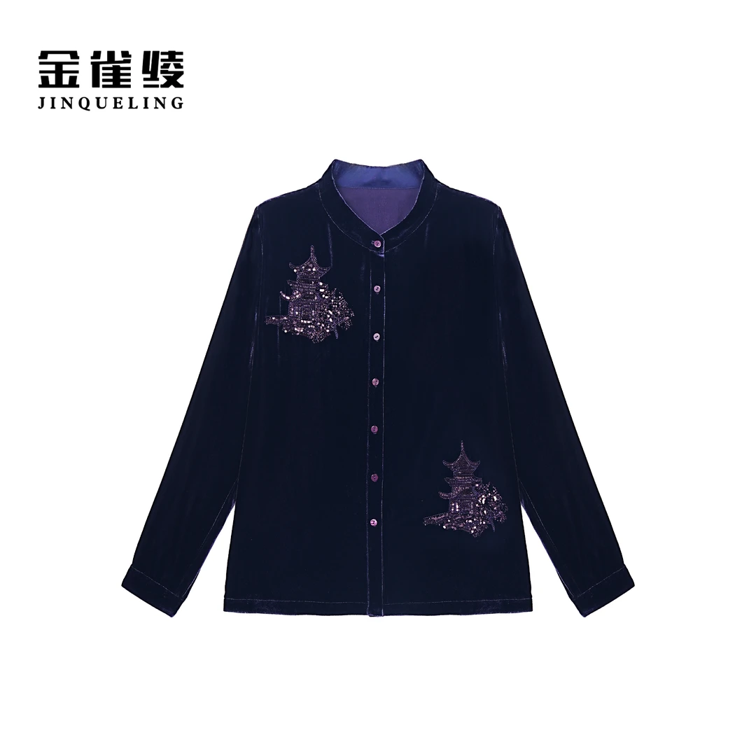 金雀绫【滕王阁】100桑蚕丝丝绒新中式加宽加大衬衫SZA3SL667