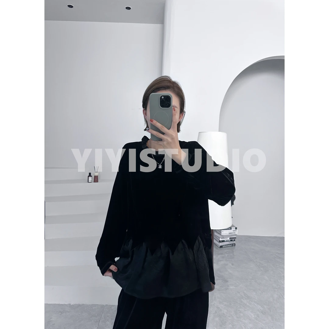 【意意】秋季时尚小众设计感丝绒拼接褶皱下摆上衣 Y-0067