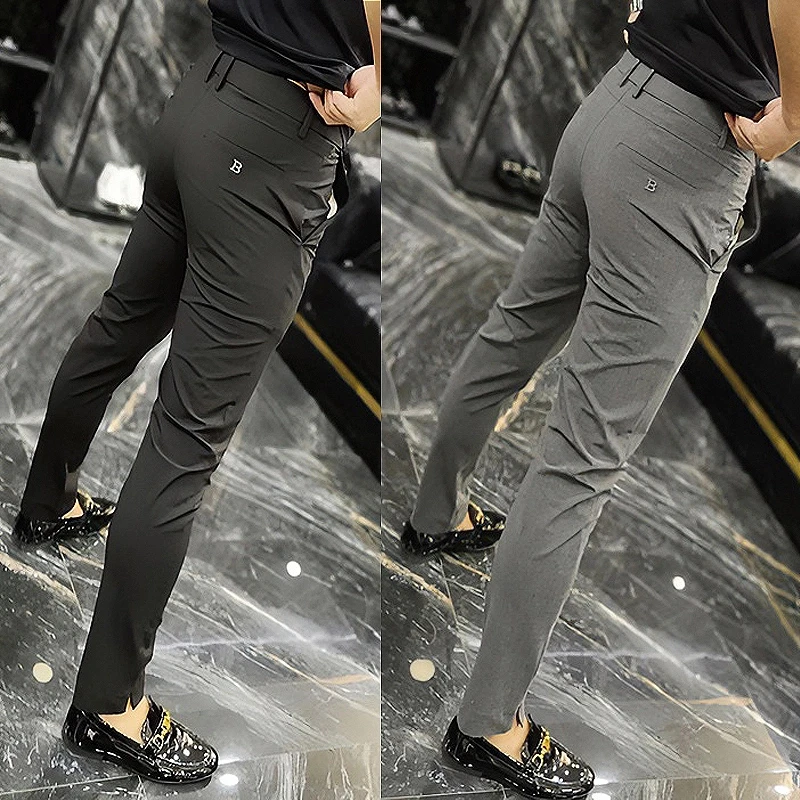 夏季新款男开叉休闲裤九分西裤锥形裤百搭潮牌免烫修身弹力小脚裤