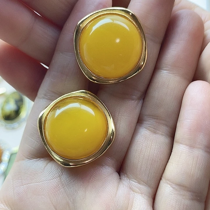 银S925镶嵌蜜蜡耳饰蜜蜡耳钉