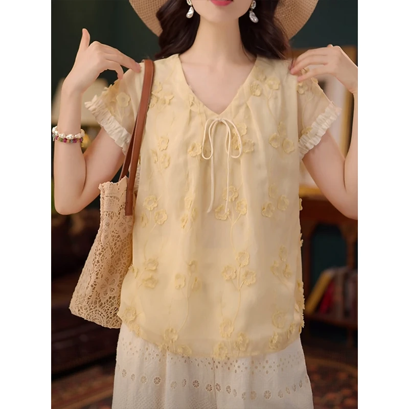 立体花朵短袖衬衫女2025夏季新款甜美百搭小众减龄小衫系带上衣潮