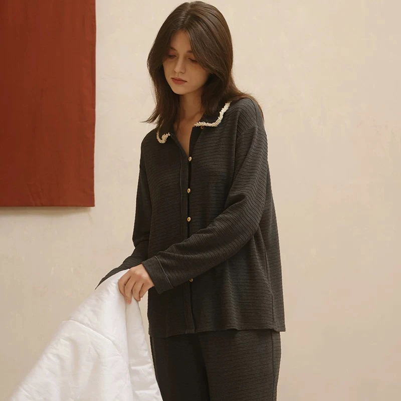 朵朵可可睡衣女2024秋冬季新款针织提花毛边翻领长袖家居服套装