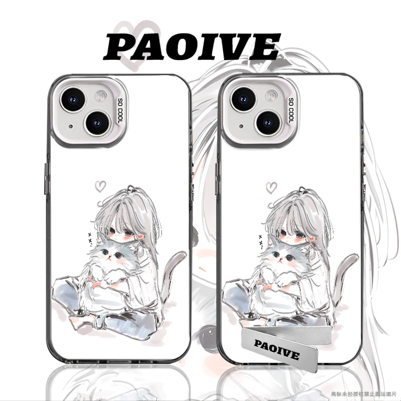 抱猫少女创意适用苹果华为vivoiPhone小米三星防摔彩银手机壳