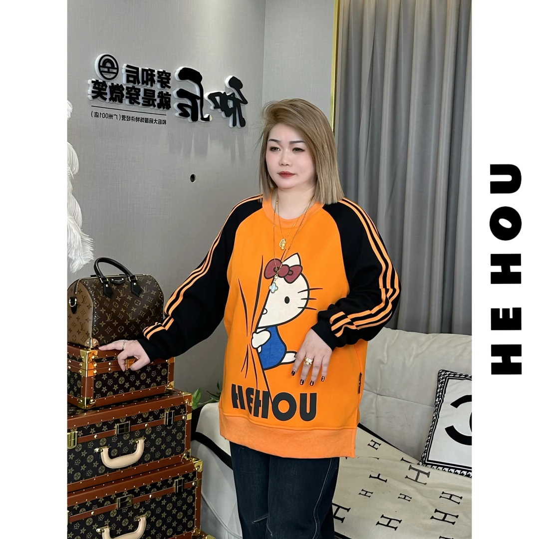 510906 和后大码 加绒显瘦减龄时尚休闲百搭宽松中长款设计师卫衣