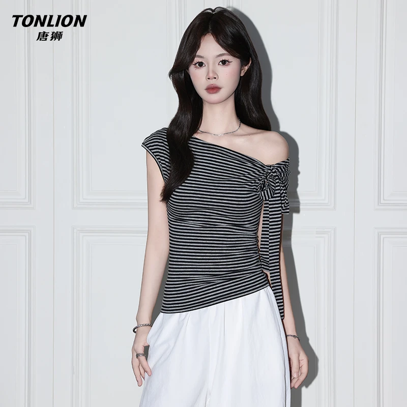 唐狮韩系chic条纹纯欲斜露肩绑带短袖T恤女夏蝴蝶结修身小衫上衣