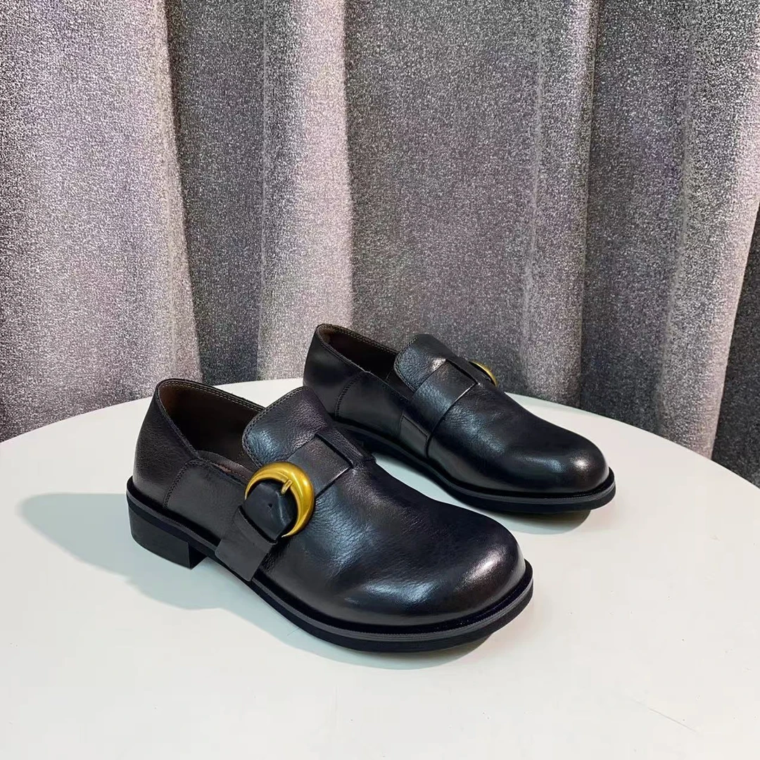 C1619 黑色 新款时尚圆头舒适低跟真皮女士复古乐福鞋