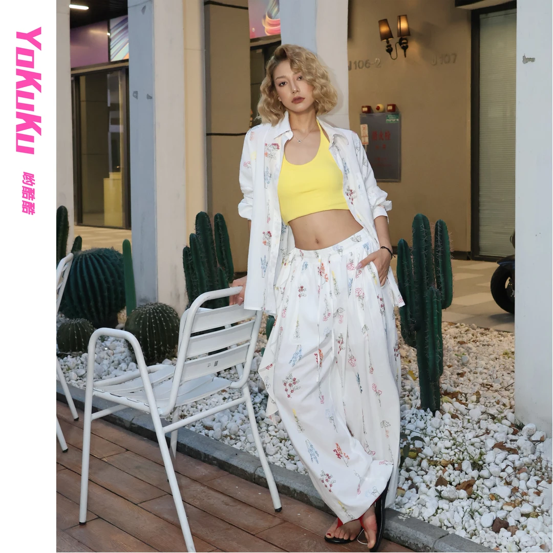 哟酷酷（海岛奇遇）法式慵懒轻薄透气纯棉绣花宽松衬衫阔腿休闲裤