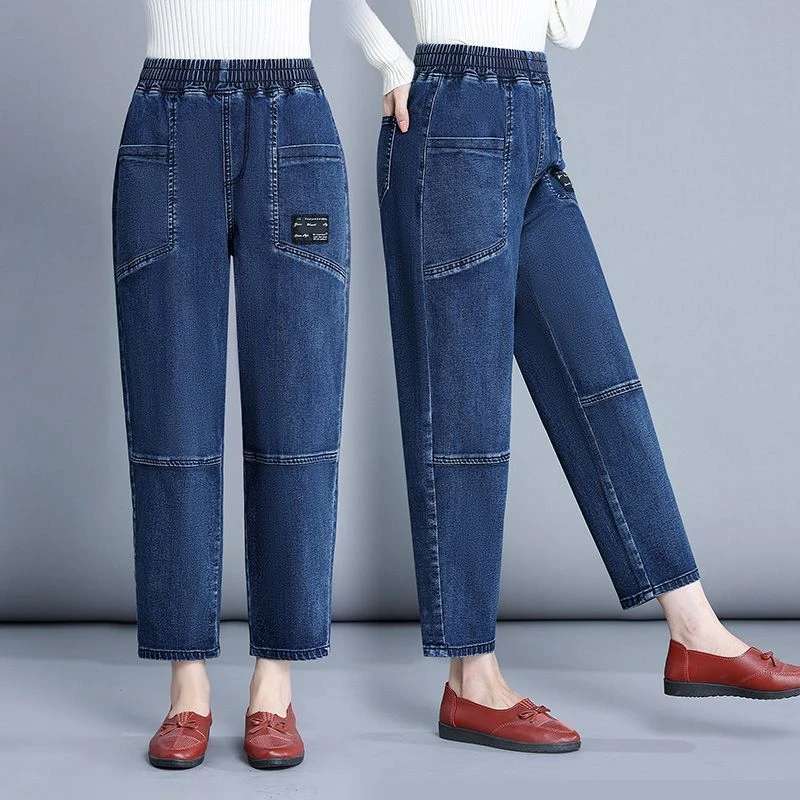 松紧高腰哈伦牛仔裤女宽松大码妈妈裤子萝卜裤秋冬显瘦女士老爹裤