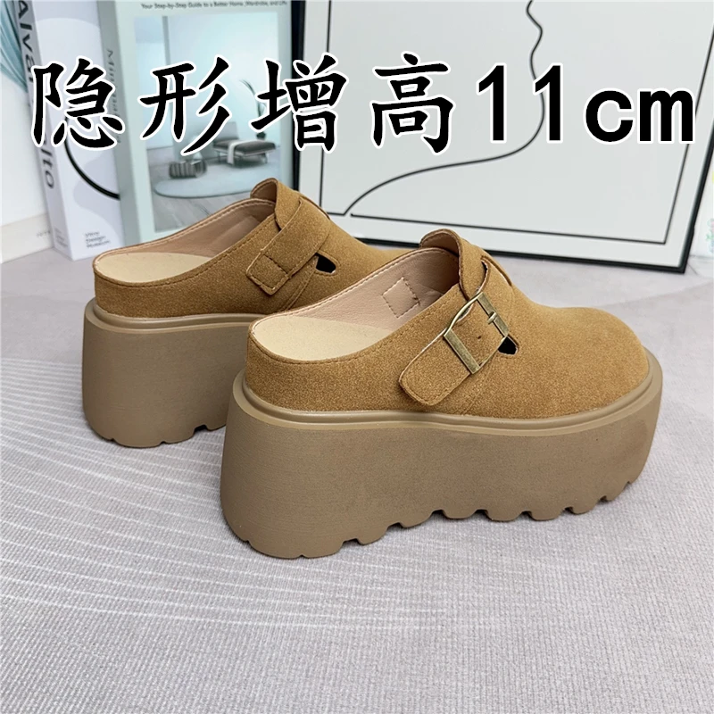 内增高11cm包头半拖鞋秋冬加绒松糕增高10-12厘米女鞋厚底网红