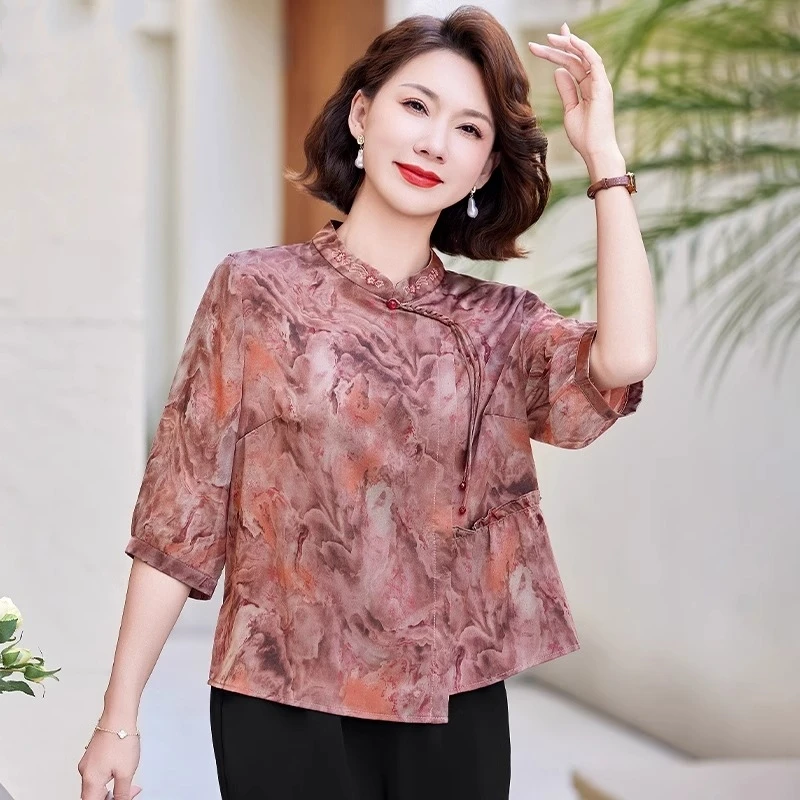 妈妈夏装套装2025新款新中式春夏上衣短袖小衫中老年人夏天衣服女