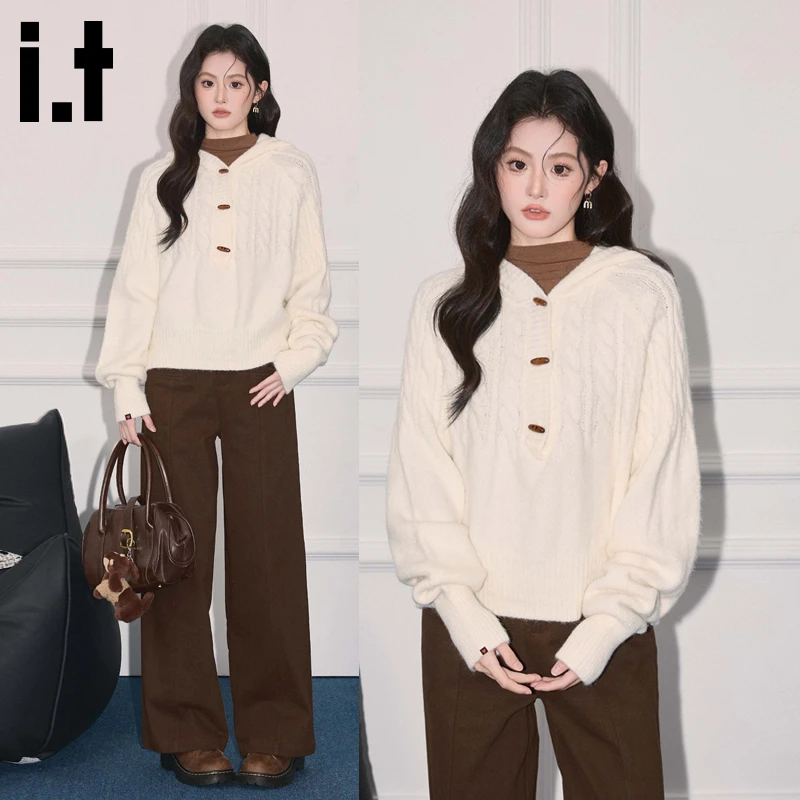 i.t:CHOCOOLATE韩版甜美连帽毛衣女2025秋冬慵懒风宽松套头针织衫