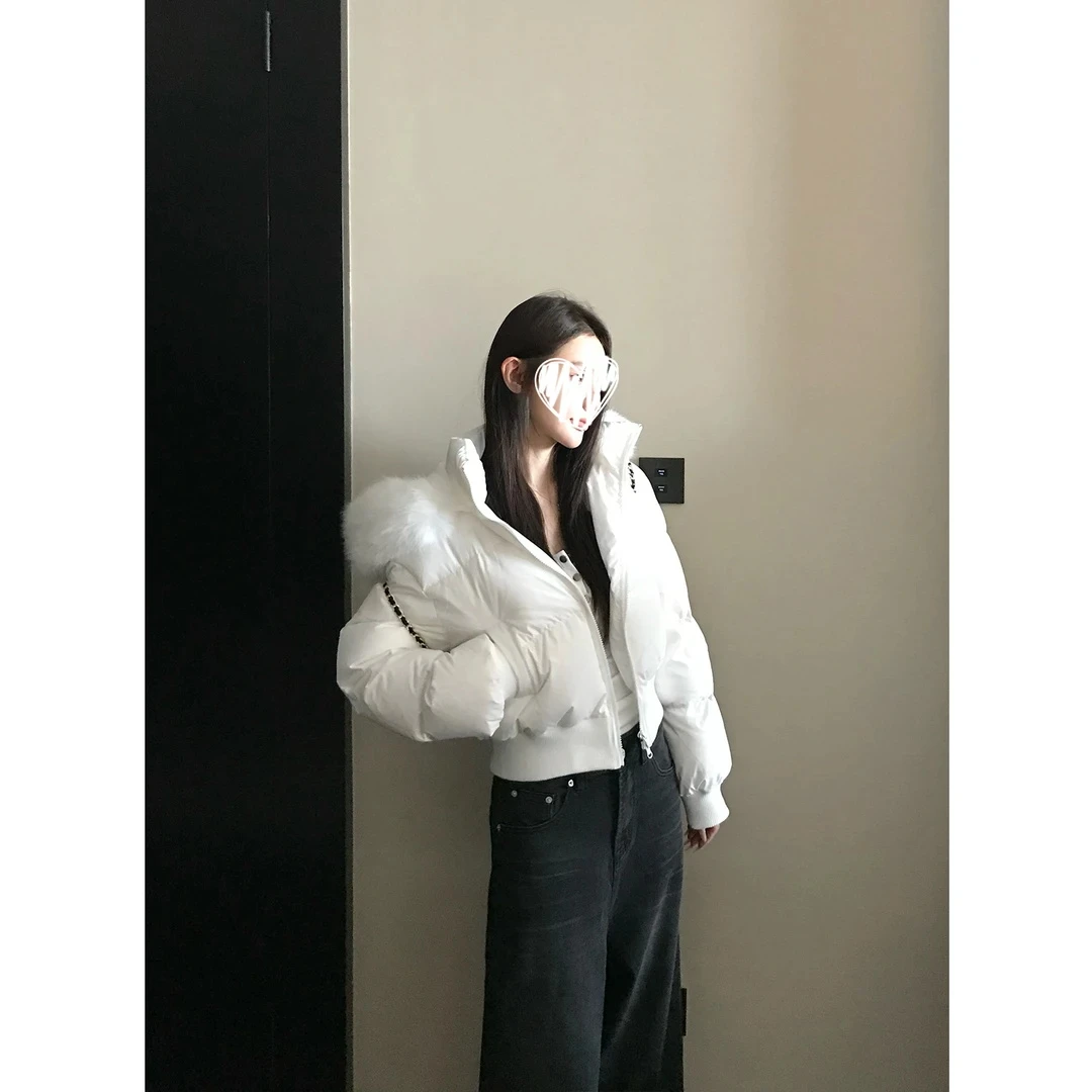 INS CEC大毛领连帽短款棉服女秋冬季新款加厚保暖棉衣设计感外套