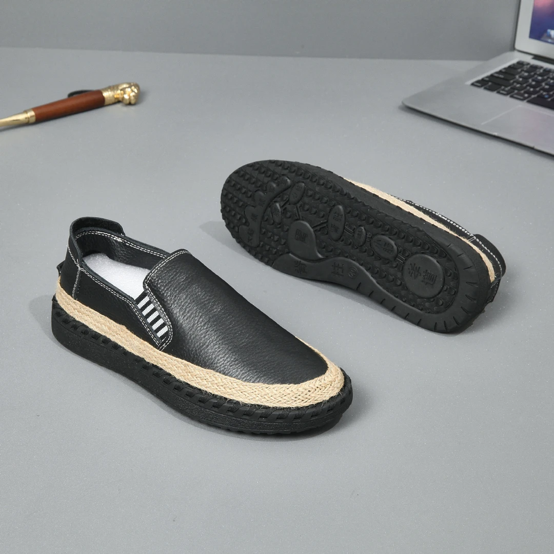 夏日古风男士手工缝制真编头层牛皮乐福式爸爸款驾车皮鞋渔夫鞋