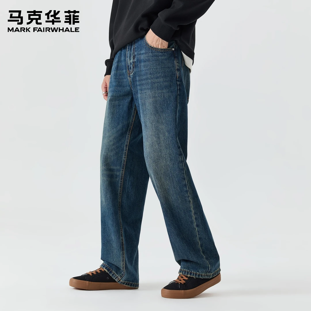 马克华菲质感牛仔裤男秋季日系怀旧复古水洗宽松阔腿休闲直筒裤男