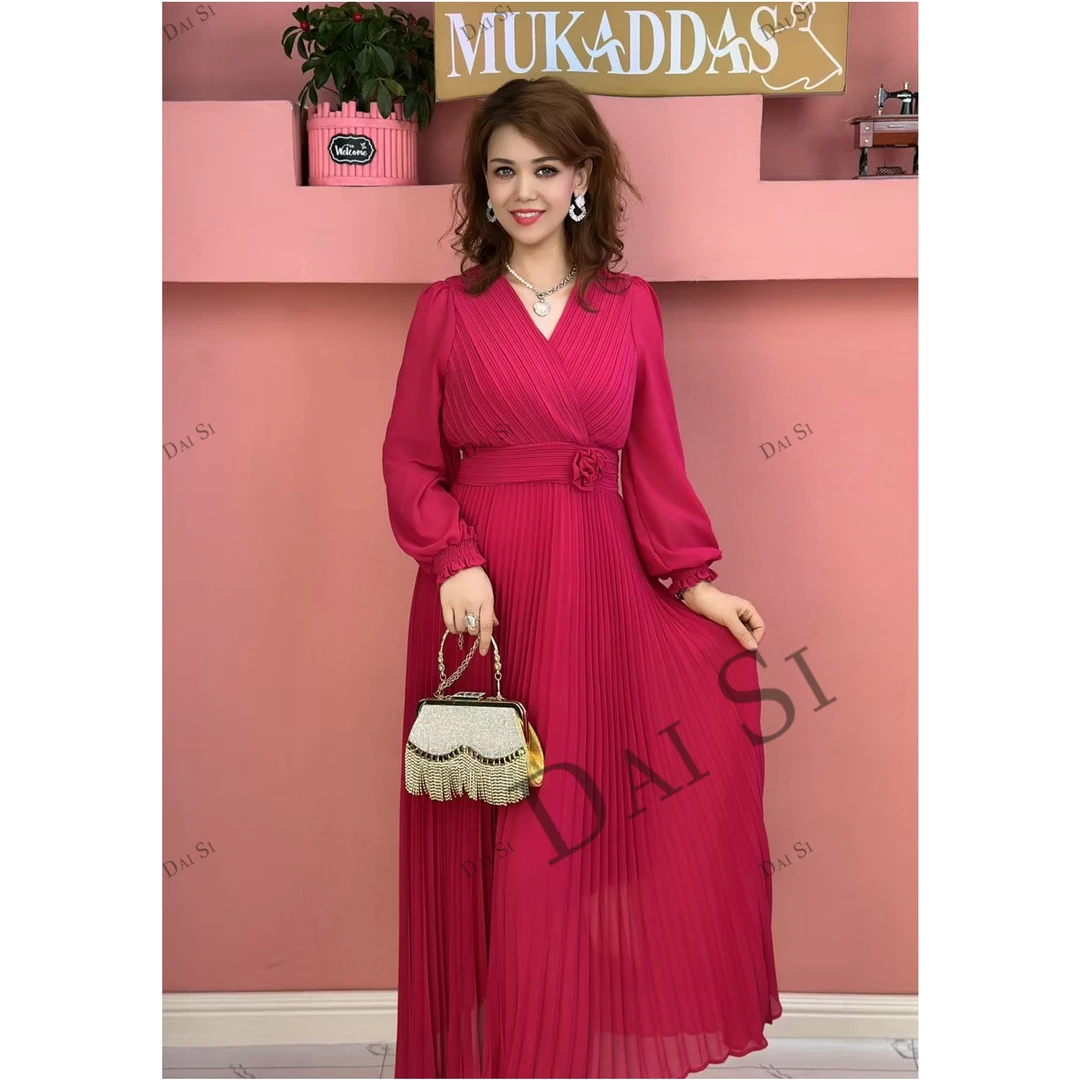 6875【DaiSi厂家直发】长袖新款时尚V领纯色时尚连衣裙