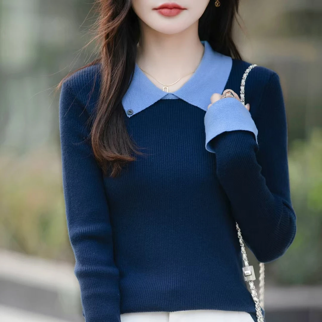 韩系穿搭女装撞色Polo领长袖毛衣女秋冬内搭气质针织打底衫