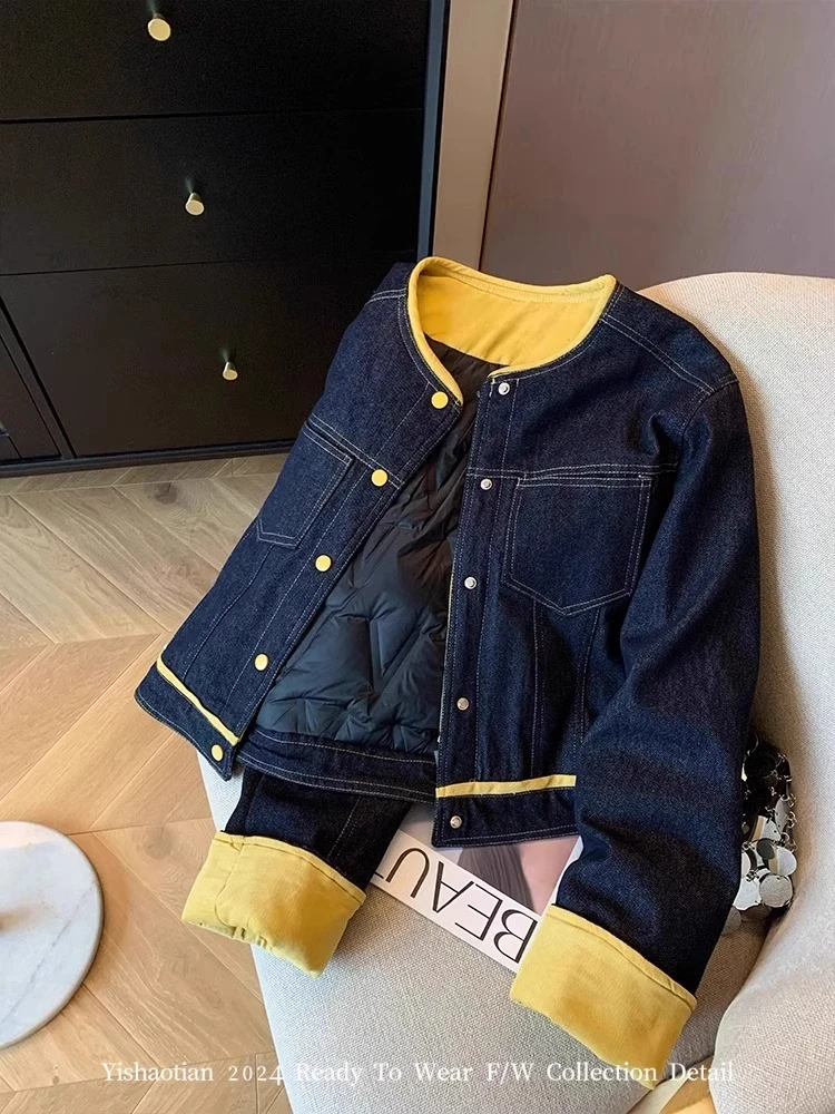 撞色短款牛仔棉服外套女冬季大码胖mm高级设计感复古夹克圆领棉衣