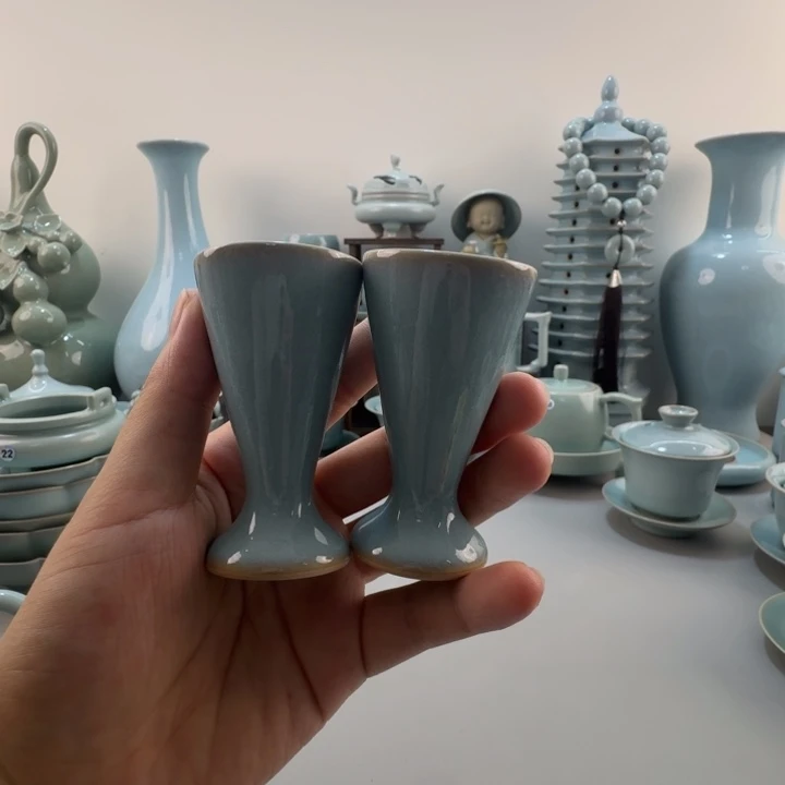 摆件开播福利汝窑天青釉小酒杯买一送一