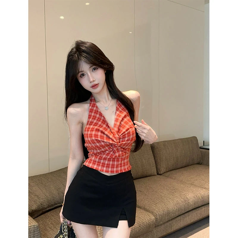 夏季新款辣妹风扭结多巴胺细闪格纹V领挂脖甜辣上衣百搭裤裙套装