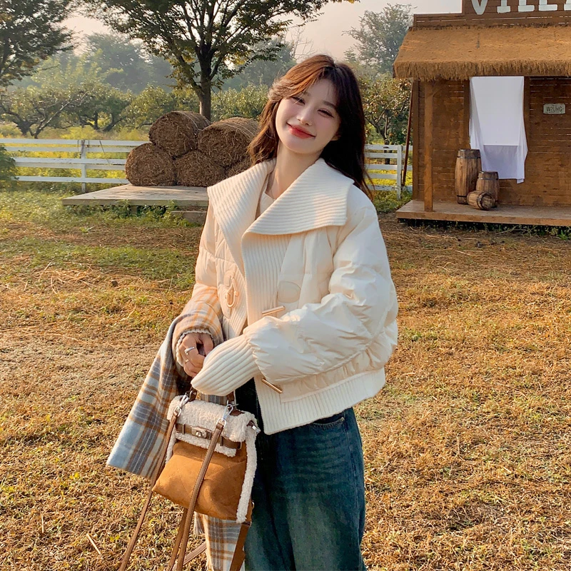 针织拼接牛角扣羽绒服女2024冬季新款氛围感韩系温柔风白鸭绒外套