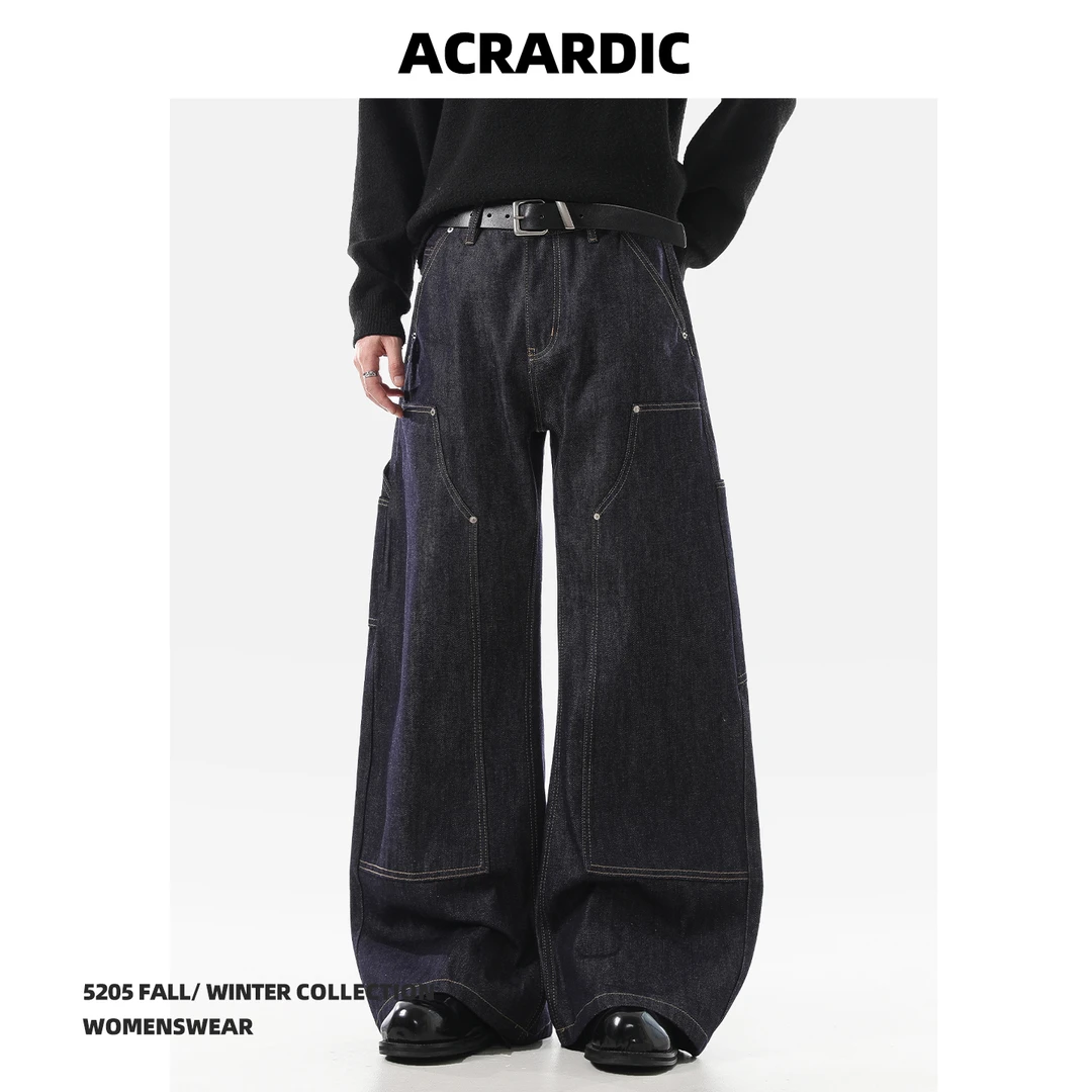 ACRARDIC美式设计感撞钉原色伐木裤男复古痞帅baggy阔腿牛仔裤子