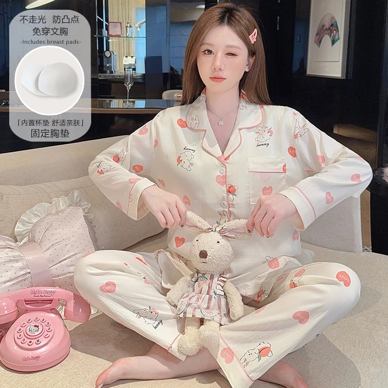 睡衣女士春秋季长袖带胸垫一体棉质200斤特大码开衫家居服套装5XL