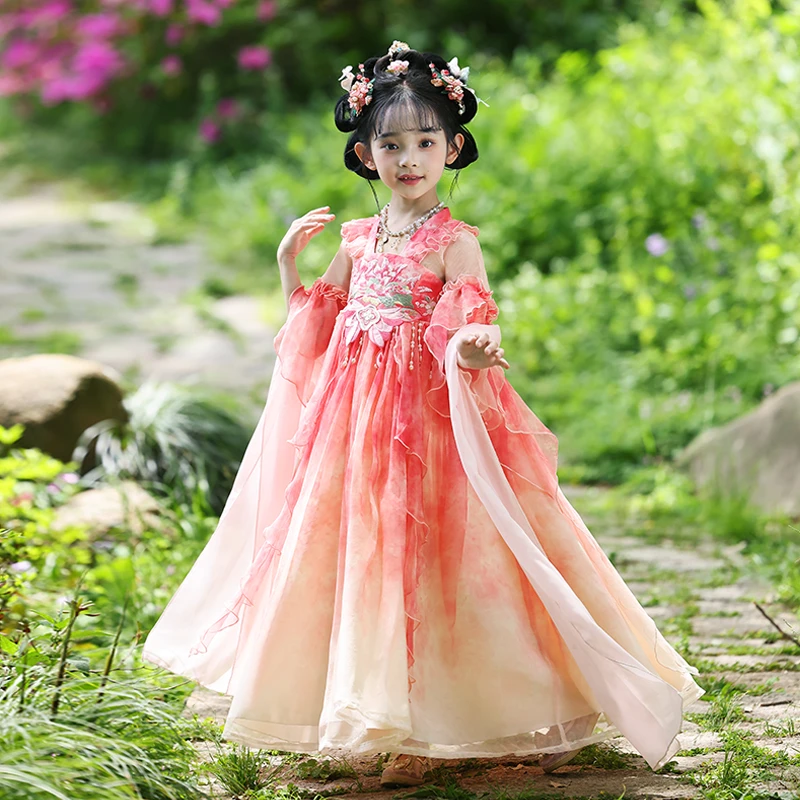 99558女童汉服儿童连衣裙短袖古装中国风唐装襦裙洋气公主裙子