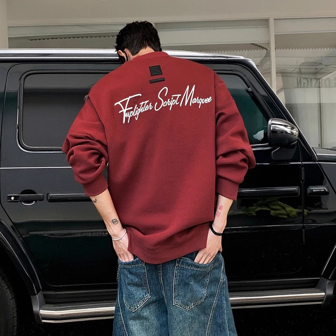 高端360g重磅圆领卫衣男潮牌宽松大码秋冬刺绣上衣砖红色套头长袖