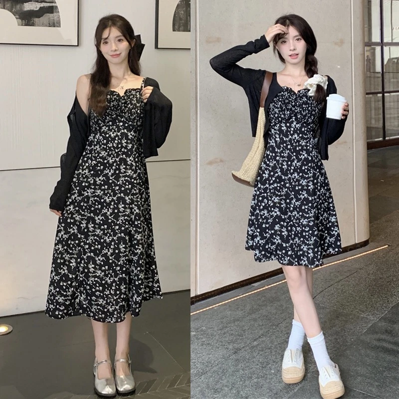 碎花吊带连衣裙装新款法式复古赫本风高级感气质两件套装-6540