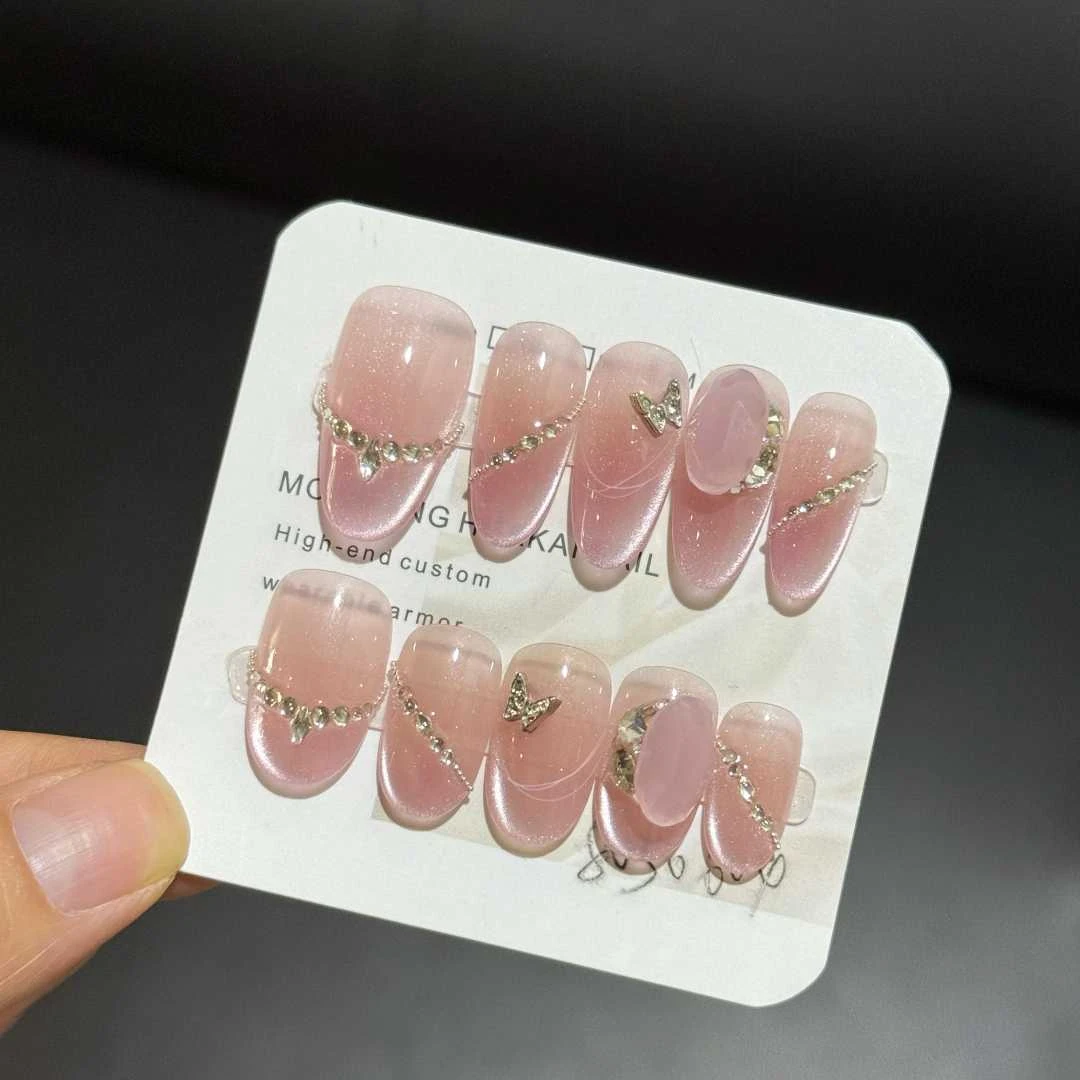 【卿本佳人】淡粉紫色调温柔猫眼拼钻光疗甲8050604 纯手工穿戴甲